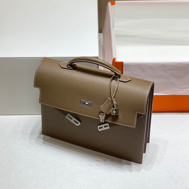 KELLY DEPECHES 34 BRIEFCASE IN ETOUPE TOGO CALFSKIN SILVER HARDWARE