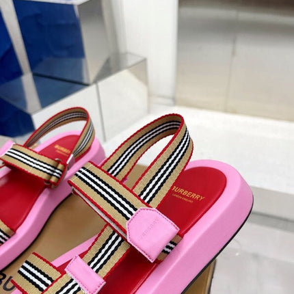 BURBERRY 26S STRAP FLAT SANDALS IN PINK AND RED CALFSKIN AND FABRIC