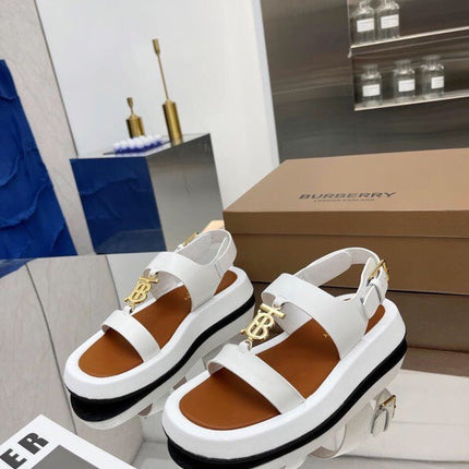 BURBERRY 26S STRAP SANDALS IN WHITE AND CARAMEL BROWN CALFSKIN