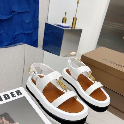 BURBERRY 26S STRAP SANDALS IN WHITE AND CARAMEL BROWN CALFSKIN