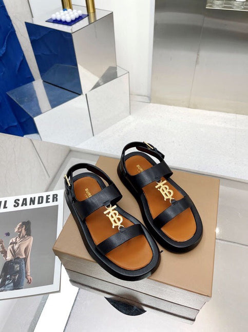BURBERRY 26S STRAP SANDALS IN BLACK AND CARAMEL BROWN CALFSKIN