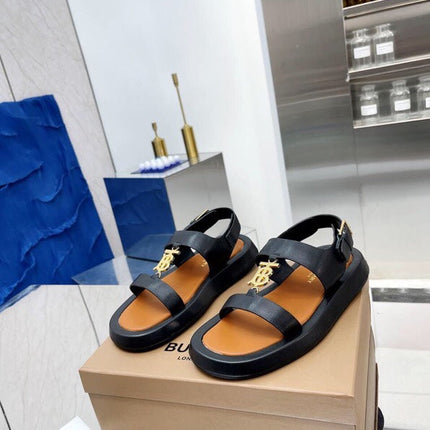 BURBERRY 26S STRAP SANDALS IN BLACK AND CARAMEL BROWN CALFSKIN