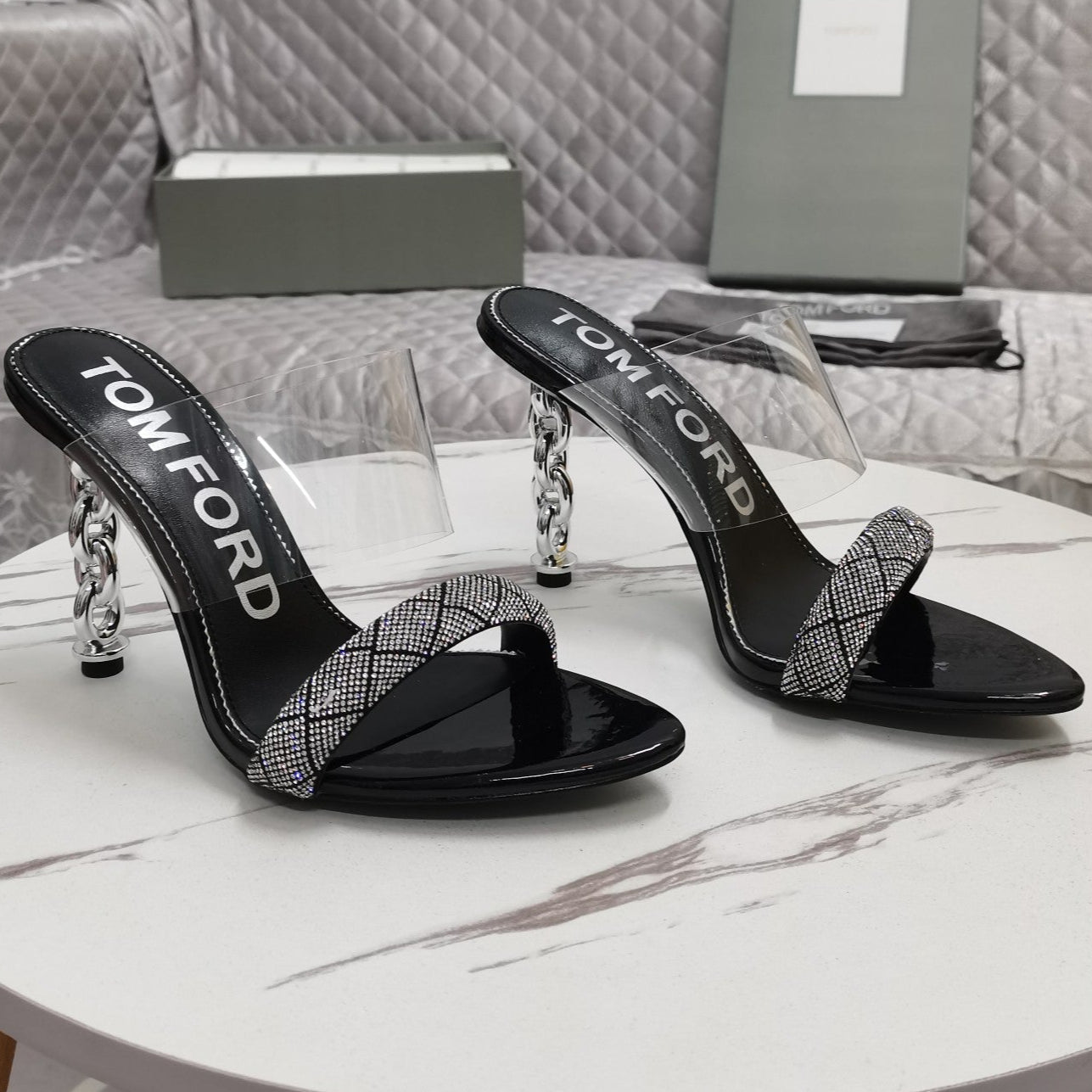 CRYSTAL HIGH HEEL MULE 10 CM IN BLACK LAMBSKIN