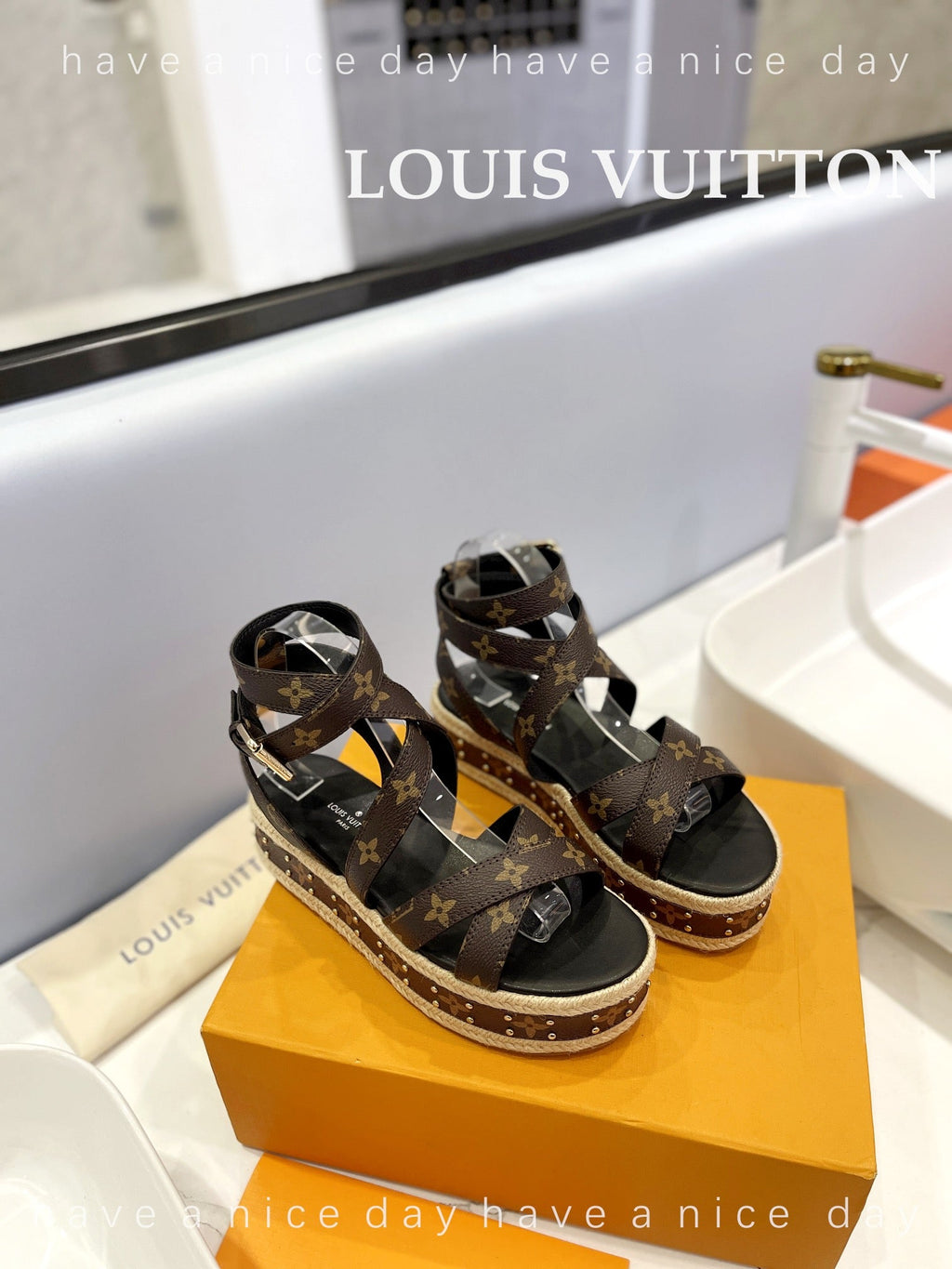 LV 26S STUDDED WEDGE SANDALS 70 MM IN DARK BROWN COATED CANVAS