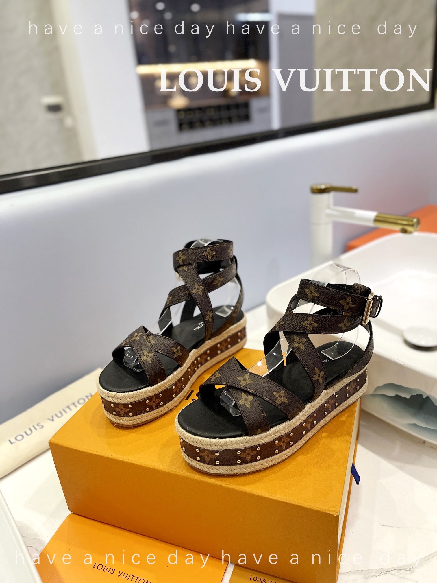 LV 26S STUDDED WEDGE SANDALS 70 MM IN DARK BROWN COATED CANVAS