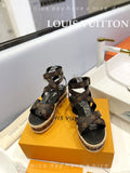 LV 26S STUDDED WEDGE SANDALS 70 MM IN DARK BROWN COATED CANVAS