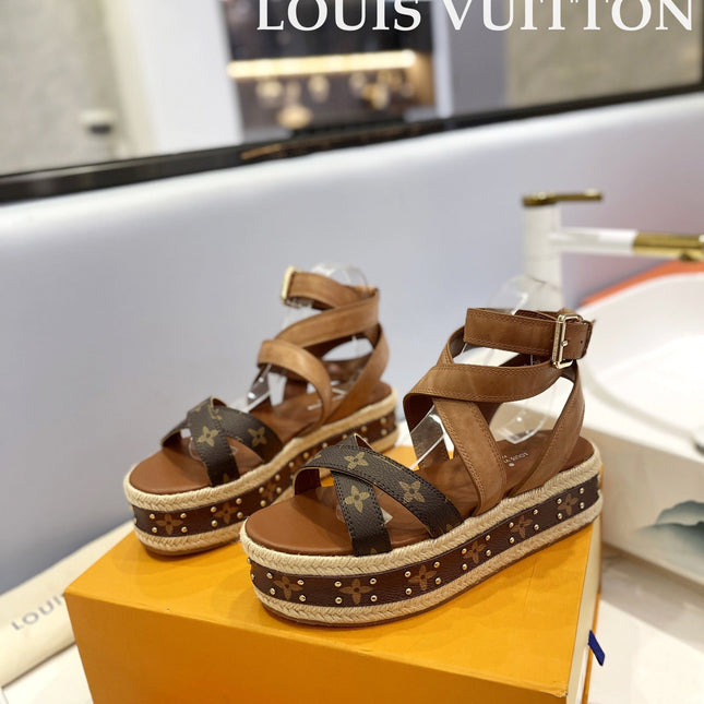 LV 26S STUDDED WEDGE SANDALS 70 MM IN BROWN COATED CANVAS AND LAMBSKIN