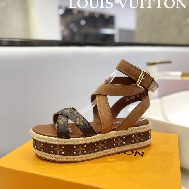 LV 26S STUDDED WEDGE SANDALS 70 MM IN BROWN COATED CANVAS AND LAMBSKIN