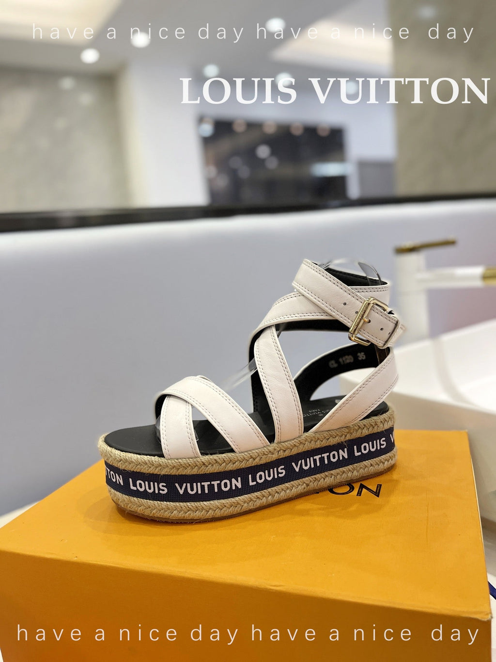 LV 26S WEDGE SANDALS 70 MM IN WHITE AND BLACK LAMBSKIN