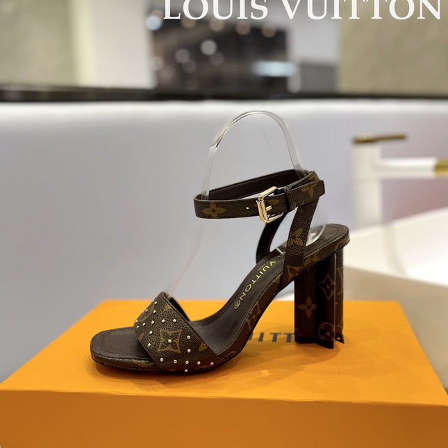 LV 26S HIGH HEEL SANDALS 80 MM IN DARK BROWN MONOGRAM CANVAS WITH STUDS