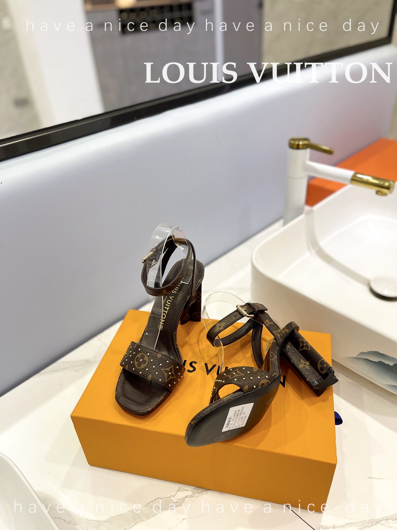 LV 26S HIGH HEEL SANDALS 80 MM IN DARK BROWN MONOGRAM CANVAS WITH STUDS