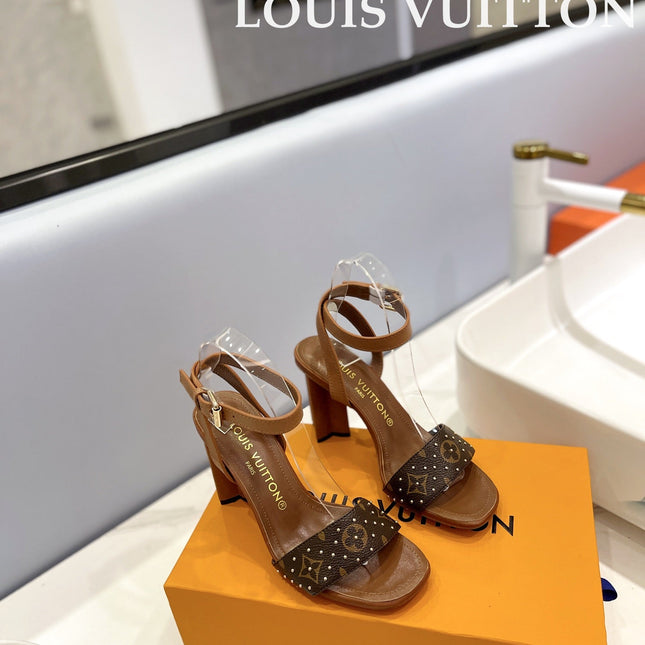 LV 26S HIGH HEEL SANDALS 80 MM IN BROWN MONOGRAM CANVAS WITH STUDS