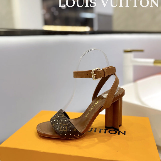 LV 26S HIGH HEEL SANDALS 80 MM IN BROWN MONOGRAM CANVAS WITH STUDS