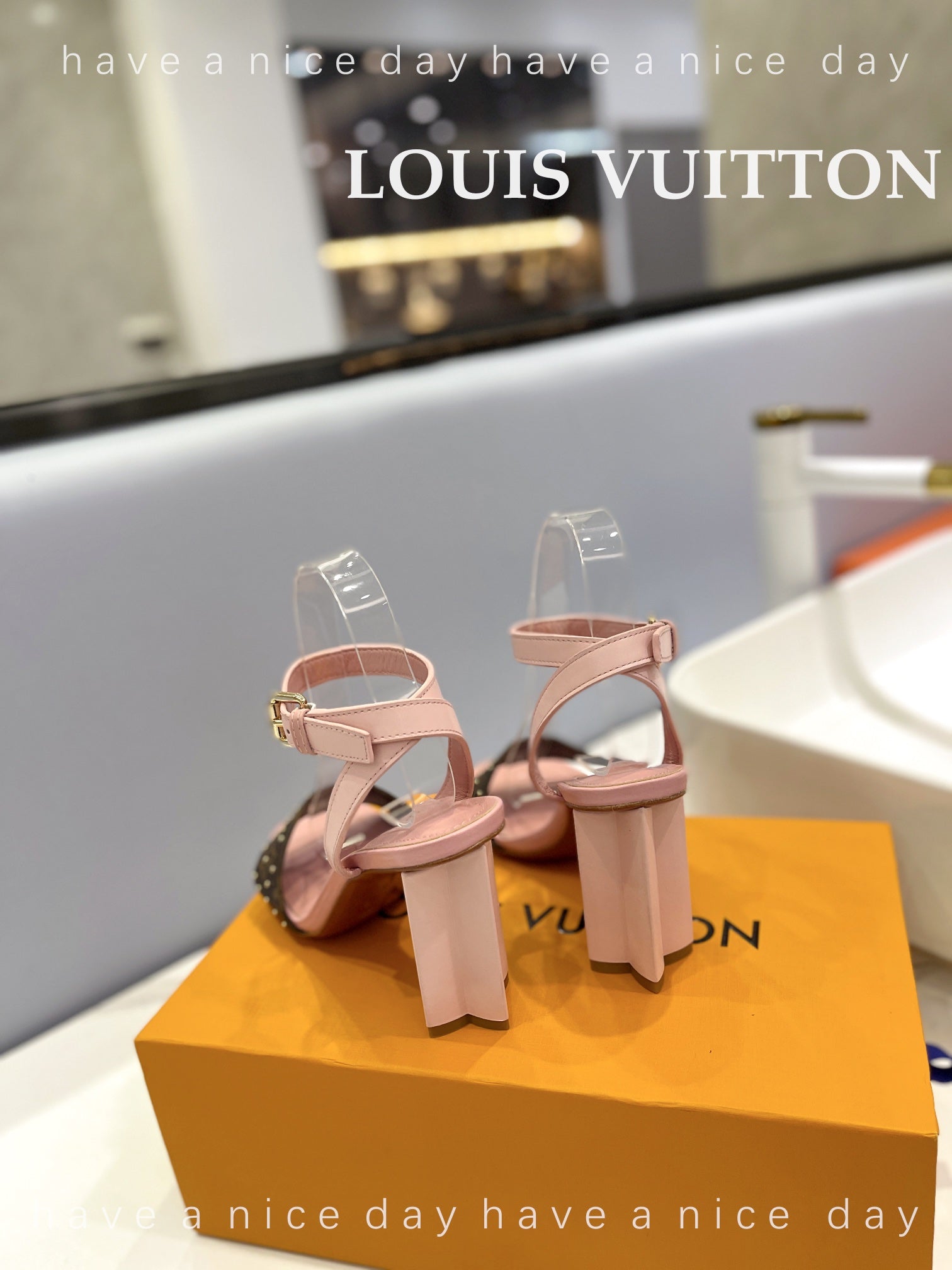 LV 26S HIGH HEEL SANDALS 80 MM IN LIGHT PINK AND DARK BROWN MONOGRAM CANVAS WITH STUDS