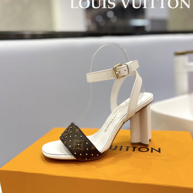LV 26S HIGH HEEL SANDALS 80 MM IN WHITE AND DARK BROWN MONOGRAM CANVAS WITH STUDS