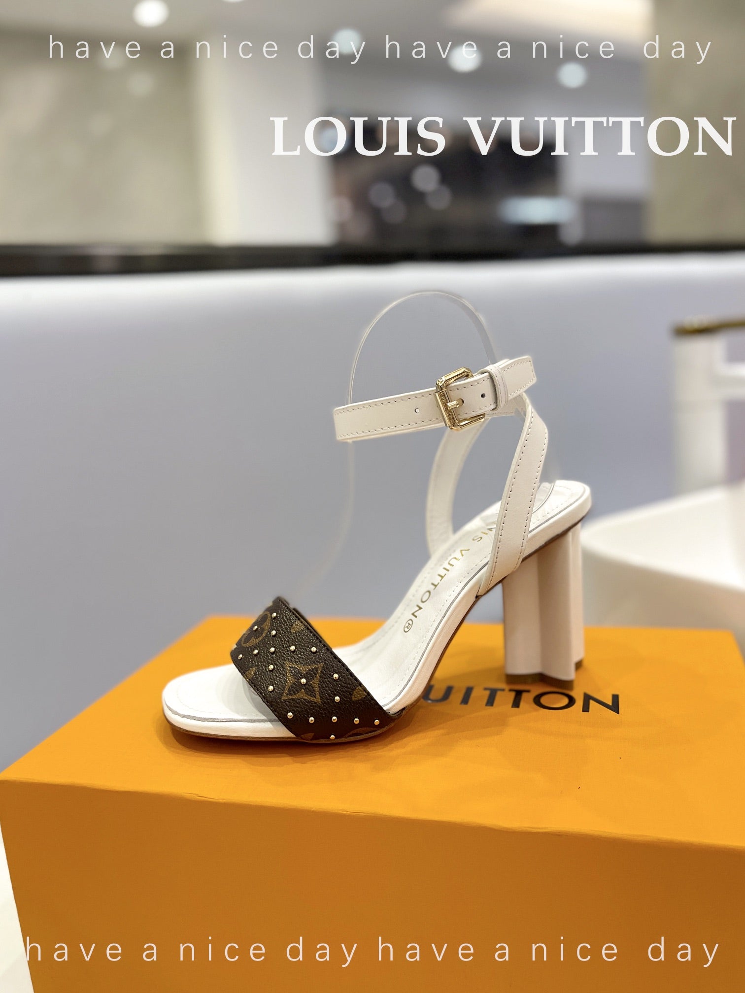 LV 26S HIGH HEEL SANDALS 80 MM IN WHITE AND DARK BROWN MONOGRAM CANVAS WITH STUDS
