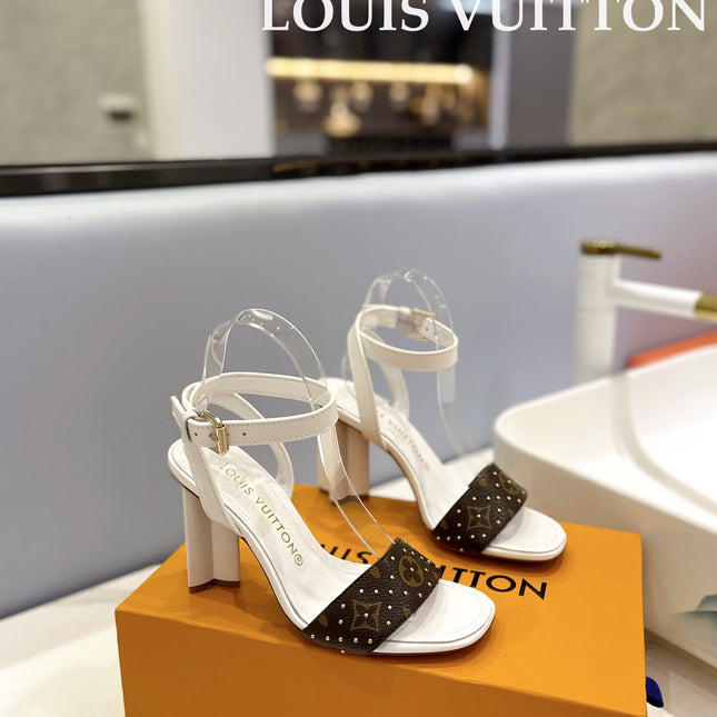 LV 26S HIGH HEEL SANDALS 80 MM IN WHITE AND DARK BROWN MONOGRAM CANVAS WITH STUDS