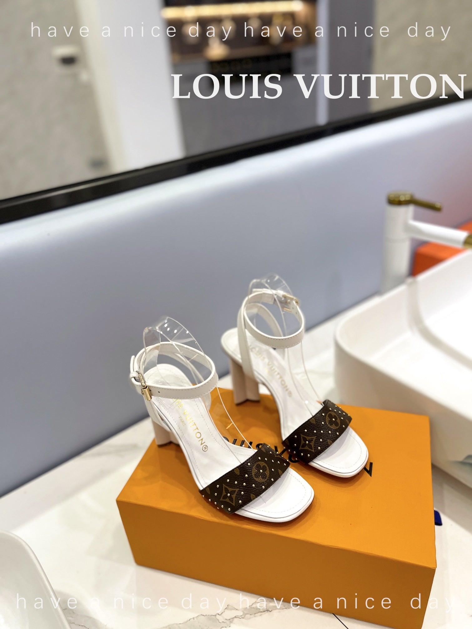 LV 26S HIGH HEEL SANDALS 80 MM IN WHITE AND DARK BROWN MONOGRAM CANVAS WITH STUDS