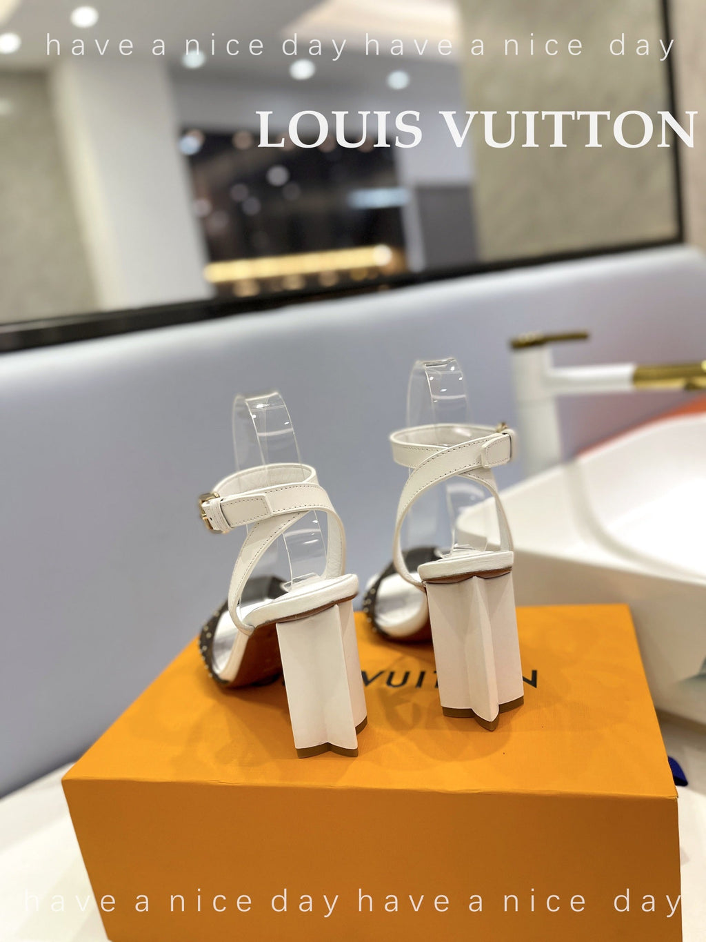 LV 26S HIGH HEEL SANDALS 80 MM IN WHITE AND DARK BROWN MONOGRAM CANVAS WITH STUDS