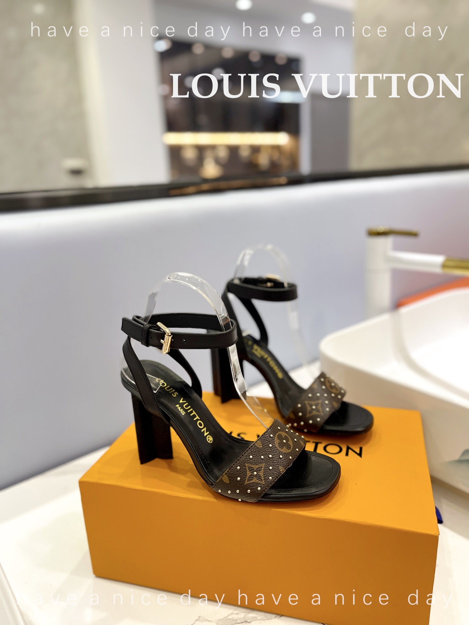 LV 26S HIGH HEEL SANDALS 80 MM IN BLACK AND DARK BROWN MONOGRAM CANVAS WITH STUDS