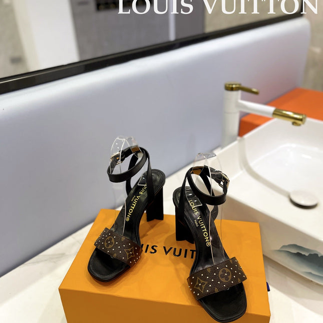 LV 26S HIGH HEEL SANDALS 80 MM IN BLACK AND DARK BROWN MONOGRAM CANVAS WITH STUDS