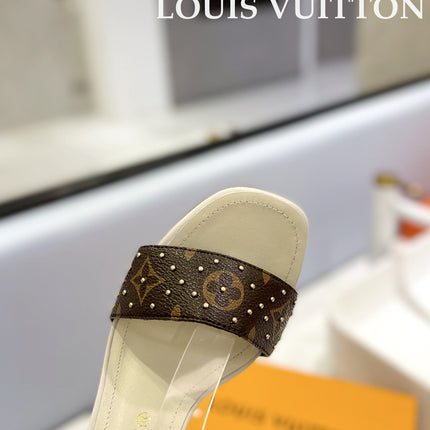 LV 26S HIGH HEEL SANDALS 80 MM IN BEIGE AND DARK BROWN MONOGRAM CANVAS WITH STUDS
