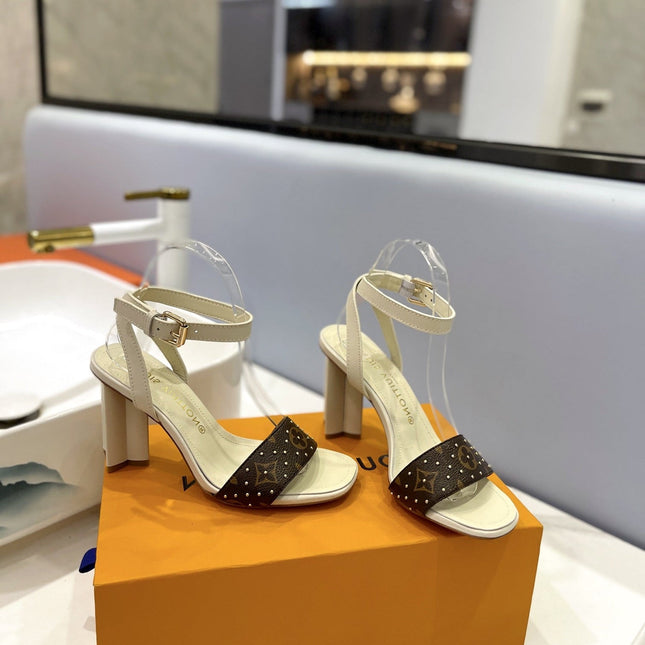 LV 26S HIGH HEEL SANDALS 80 MM IN BEIGE AND DARK BROWN MONOGRAM CANVAS WITH STUDS