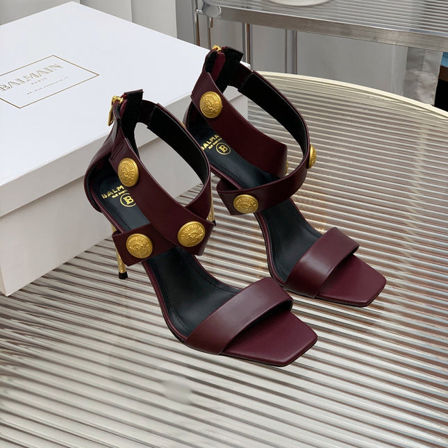 BALMAIN 25S CROSSOVER STRAP HIGH HEELS 95MM IN ROSEWOOD CALFSKIN