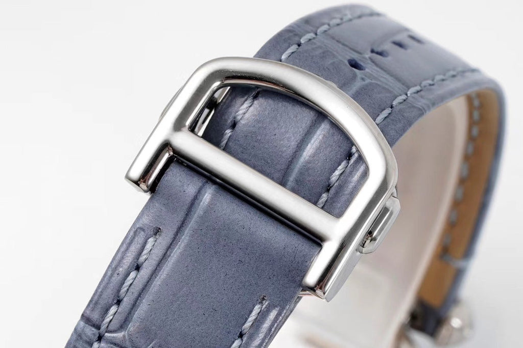 PASHA DE CARTIER WATCH ROSE GOLD AND SILVER CASE AND STONE BLUE LEATHER STRAP