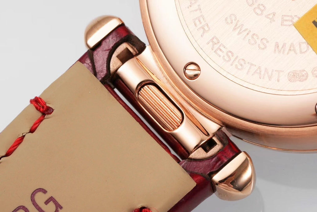 PASHA DE CARTIER WATCH ROSE GOLD CASE WITH CRYSTALS AND CRIMSON RED LEATHER STRAP