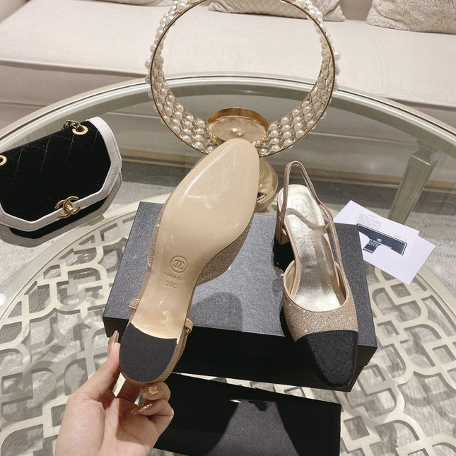 slingback 6.5 glitter beige black grosgrain