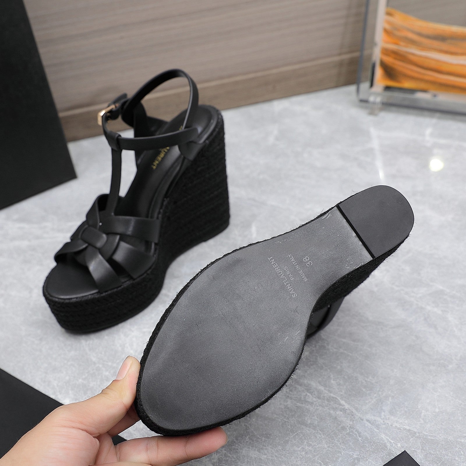 YSL TRIBUTE ESPADRILLE WEDGE SANDALS 105MM IN BLACK CALFSKIN