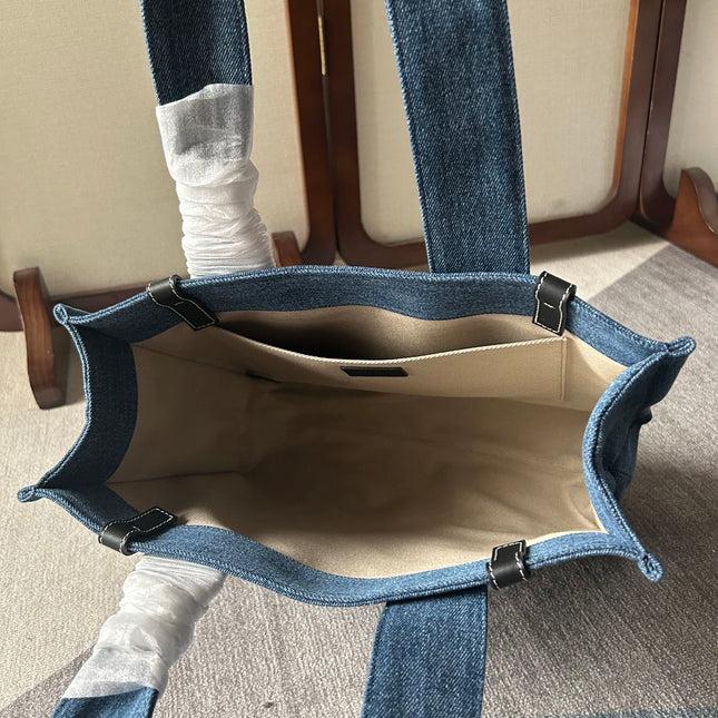 MEDIUM WOODY TOTE BAG 37 IN BLUE DENIM BLACK CALFSKIN