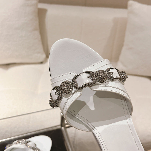 BALENCIAGA 25S HIGH-HEEL SANDALS IN WHITE COW LEATHER WITH RHINESTONE STRAP