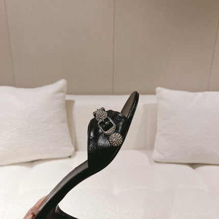 BALENCIAGA 25S HIGH-HEEL SANDALS IN BLACK COW LEATHER WITH RHINESTONE STRAP