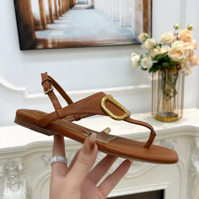 THONG SANDALS IN BRONZE BROWN CALFSKIN WITH GOLD LOGO