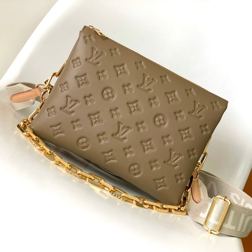 COUSSIN PM 26 IN BROWN MONOGRAM EMBOSSED LAMBSKIN GOLD HARDWARE