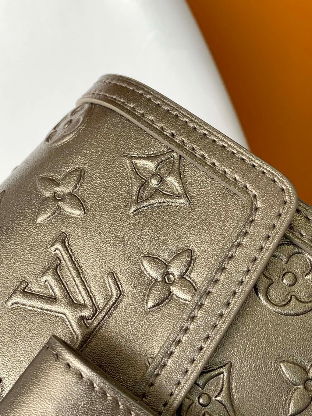 LV 25S MINI DAUPHINE BAG 20 IN BEIGE GRAY MOONOGRAM CALFSKIN SHIMMERING METALLIC GOLD