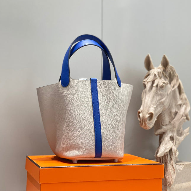 HERMES 25S PICOTIN LOCK 18 IN PEARL GRAY AND ELECTRIC BLUE CALFSKIN SILVER HARDWARE