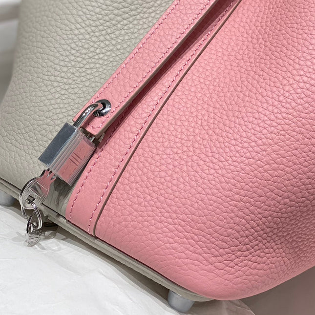 HERMES 25S PICOTIN LOCK 18 IN PINK AND LIGHT GRAY CALFSKIN SILVER HARDWARE