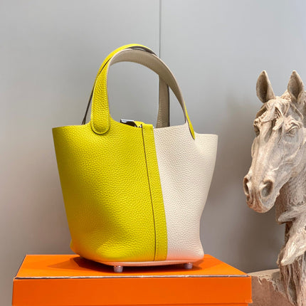 HERMES 25S PICOTIN LOCK 18 IN WHITE AND LEMON YELLOW CALFSKIN SILVER HARDWARE