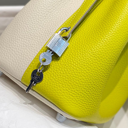 HERMES 25S PICOTIN LOCK 18 IN WHITE AND LEMON YELLOW CALFSKIN SILVER HARDWARE