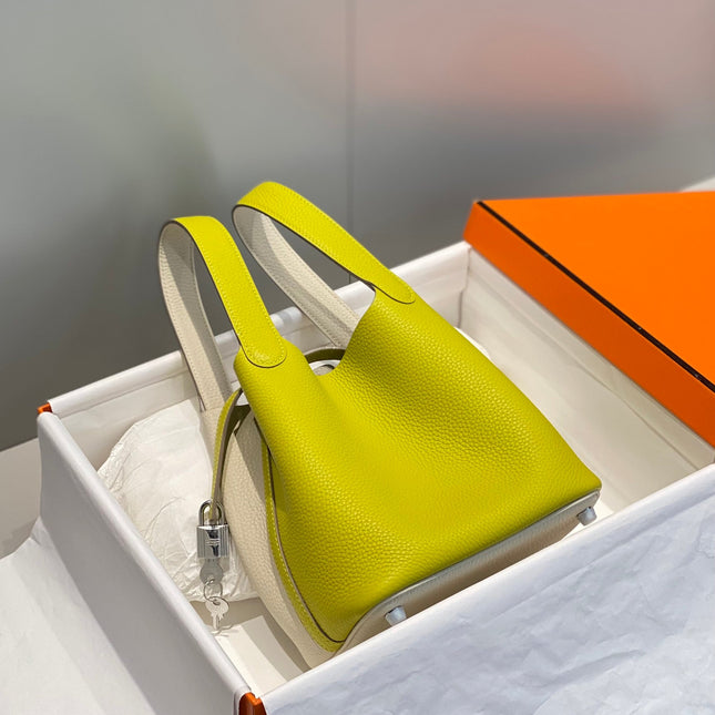 HERMES 25S PICOTIN LOCK 18 IN WHITE AND LEMON YELLOW CALFSKIN SILVER HARDWARE