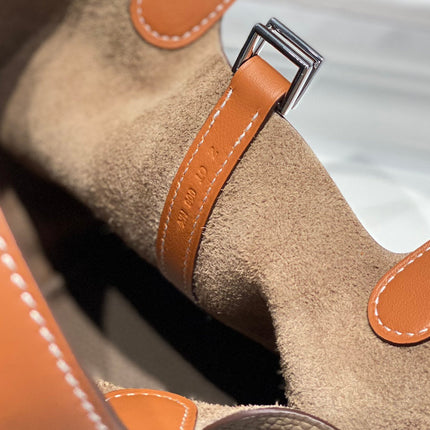 HERMES 25S PICOTIN LOCK 18 IN BURNT ORANGE AND BROWN CALFSKIN SILVER HARDWARE