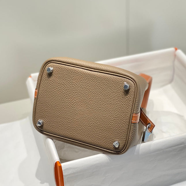HERMES 25S PICOTIN LOCK 18 IN BURNT ORANGE AND BROWN CALFSKIN SILVER HARDWARE