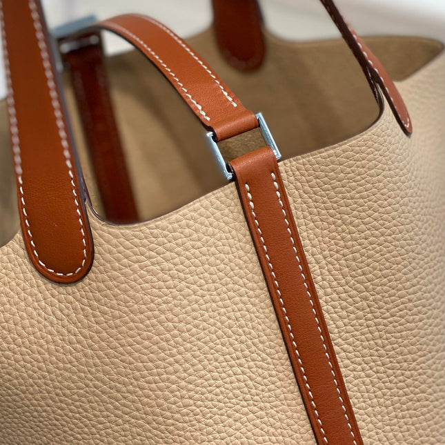HERMES 25S PICOTIN LOCK 18 IN BURNT ORANGE AND LIGHT BROWN CALFSKIN SILVER HARDWARE