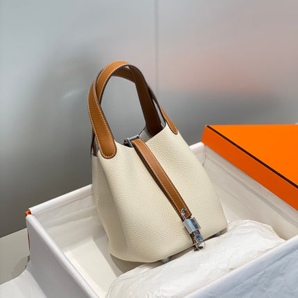 HERMES 25S PICOTIN LOCK 18 IN BURNT ORANGE AND IVORY CALFSKIN SILVER HARDWARE