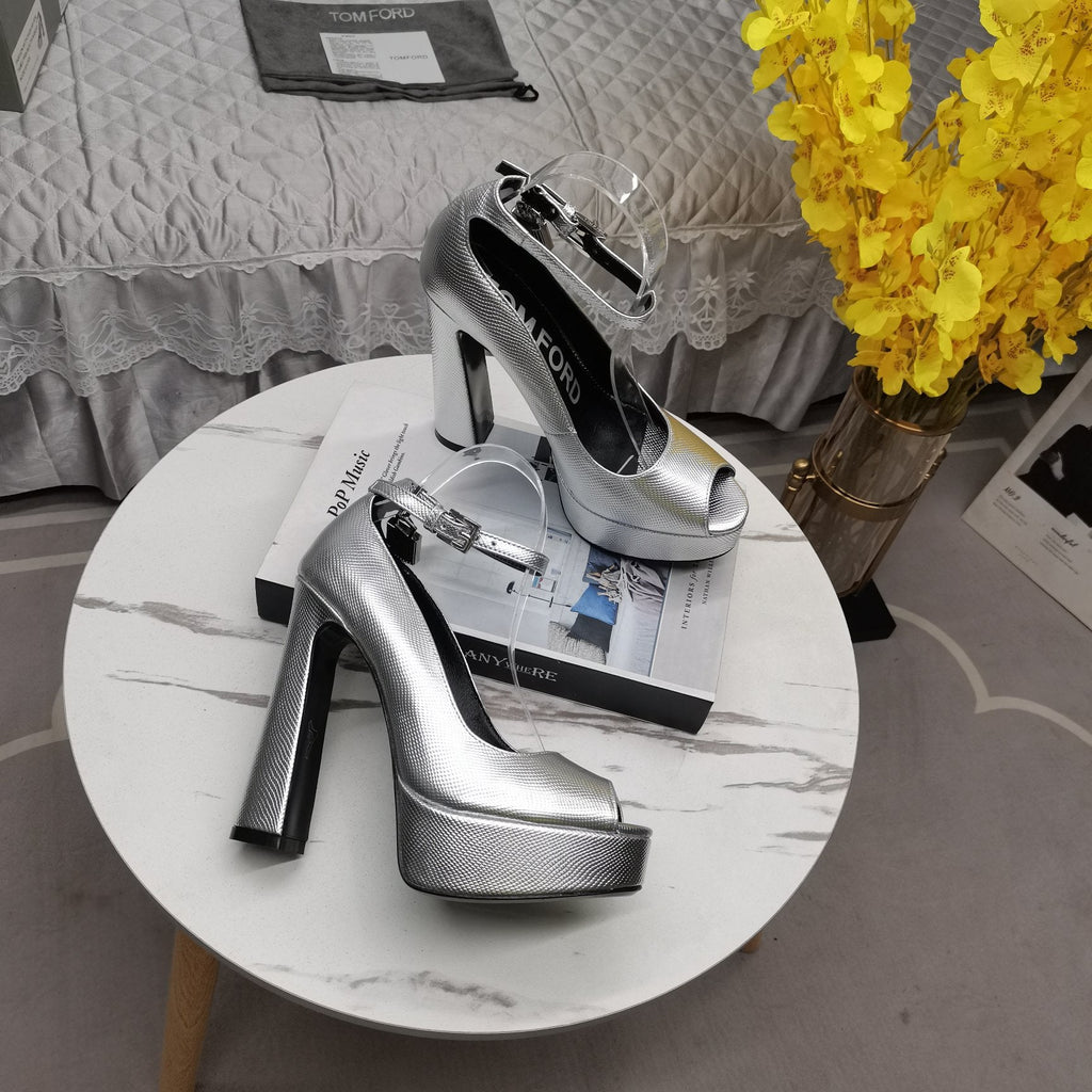 PADLOCK PLATFORM PEEP TOE PUMP 14 CM IN SILVER GRAINED CALFSKIN