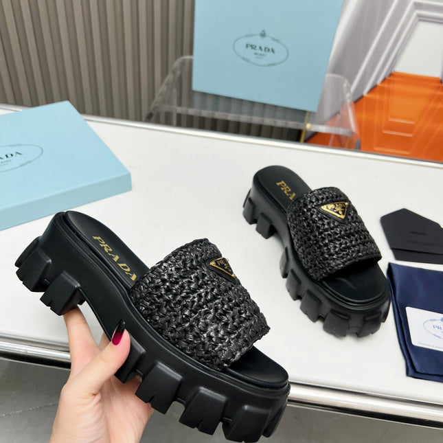 PRA THICK-SOLED CROCHET SANDALS BLACK WOVEN FABRIC
