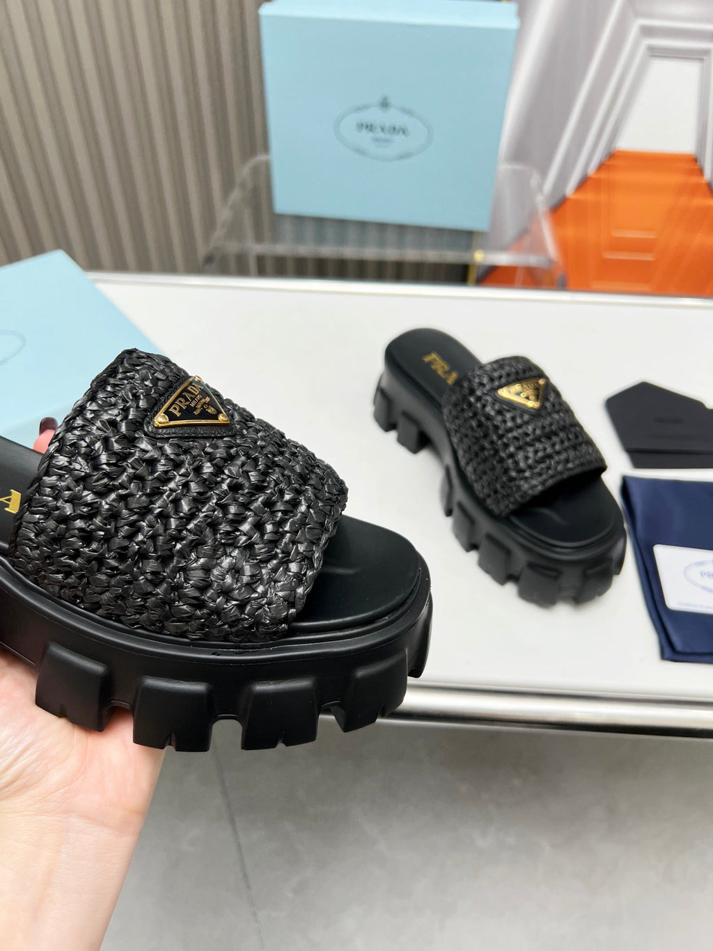 PRA THICK-SOLED CROCHET SANDALS BLACK WOVEN FABRIC